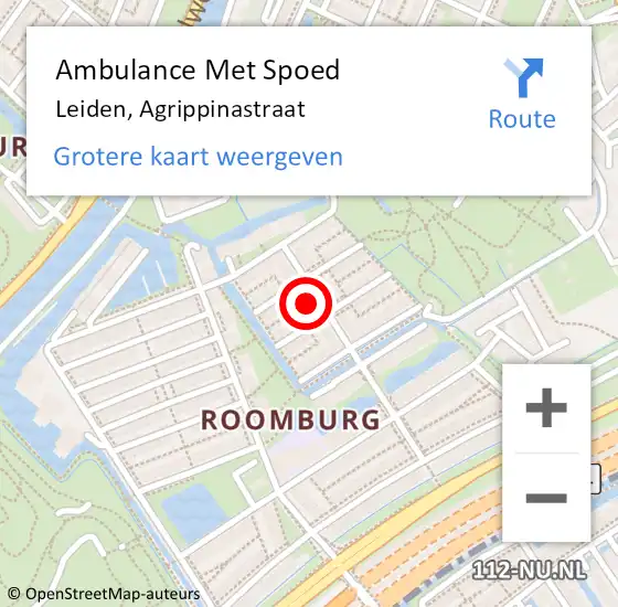 Locatie op kaart van de 112 melding: Ambulance Met Spoed Naar Leiden, Agrippinastraat op 30 november 2023 22:18