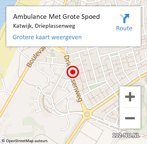 Locatie op kaart van de 112 melding: Ambulance Met Grote Spoed Naar Katwijk, Drieplassenweg op 1 december 2023 09:23