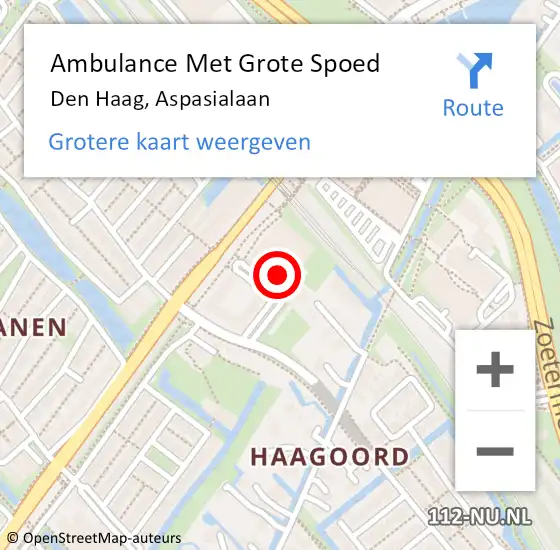 Locatie op kaart van de 112 melding: Ambulance Met Grote Spoed Naar Den Haag, Aspasialaan op 1 december 2023 10:18