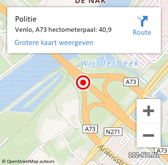 Locatie op kaart van de 112 melding: Politie Venlo, A73 hectometerpaal: 40,9 op 1 december 2023 12:11