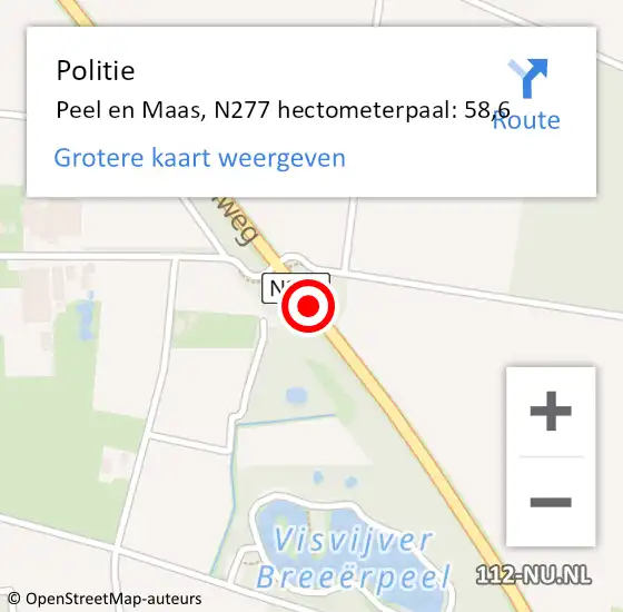 Locatie op kaart van de 112 melding: Politie Peel en Maas, N277 hectometerpaal: 58,6 op 1 december 2023 12:25