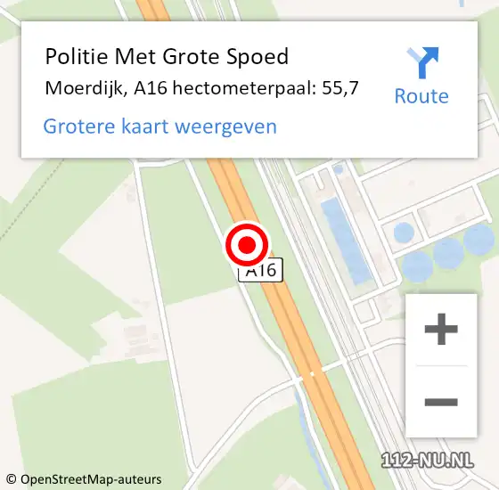 Locatie op kaart van de 112 melding: Politie Met Grote Spoed Naar Moerdijk, A16 hectometerpaal: 55,7 op 1 december 2023 14:28