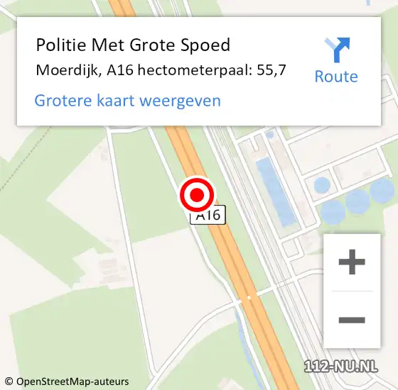 Locatie op kaart van de 112 melding: Politie Met Grote Spoed Naar Moerdijk, A16 hectometerpaal: 55,7 op 1 december 2023 14:29