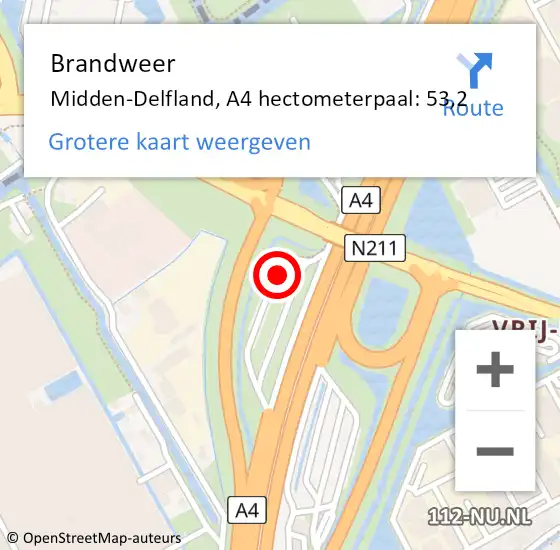 Locatie op kaart van de 112 melding: Brandweer Midden-Delfland, A4 hectometerpaal: 53,2 op 1 december 2023 15:35