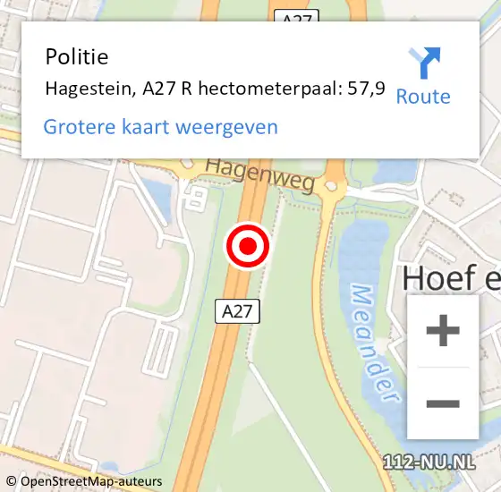 Locatie op kaart van de 112 melding: Politie Hagestein, A27 R hectometerpaal: 57,9 op 17 september 2014 07:22