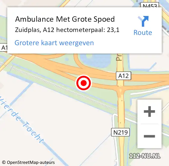 Locatie op kaart van de 112 melding: Ambulance Met Grote Spoed Naar Zuidplas, A12 hectometerpaal: 23,1 op 1 december 2023 17:42