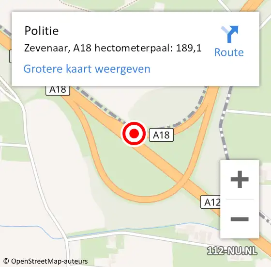 Locatie op kaart van de 112 melding: Politie Zevenaar, A18 hectometerpaal: 189,1 op 1 december 2023 18:27