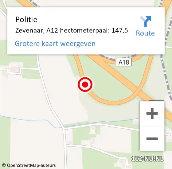 Locatie op kaart van de 112 melding: Politie Zevenaar, A12 hectometerpaal: 147,5 op 1 december 2023 18:31
