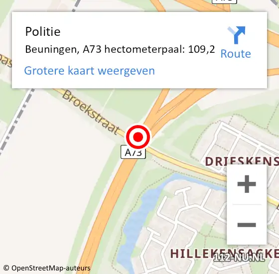 Locatie op kaart van de 112 melding: Politie Beuningen, A73 hectometerpaal: 109,2 op 1 december 2023 19:29