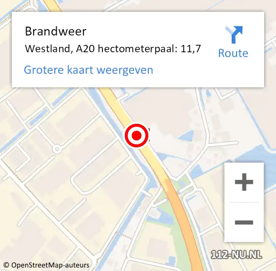 Locatie op kaart van de 112 melding: Brandweer Westland, A20 hectometerpaal: 11,7 op 1 december 2023 20:14