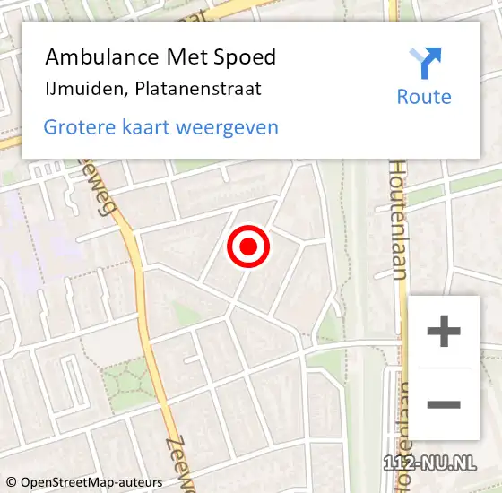 Locatie op kaart van de 112 melding: Ambulance Met Spoed Naar IJmuiden, Platanenstraat op 1 december 2023 20:49