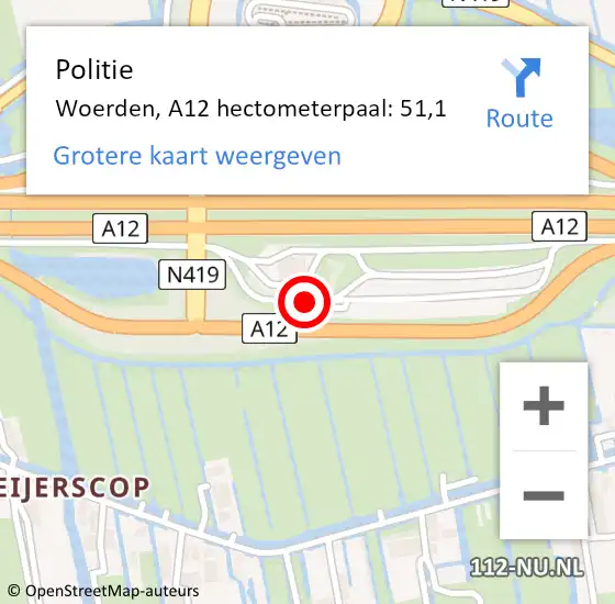 Locatie op kaart van de 112 melding: Politie Woerden, A12 hectometerpaal: 51,1 op 2 december 2023 00:35
