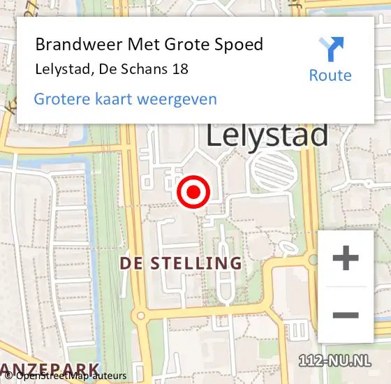 Locatie op kaart van de 112 melding: Brandweer Met Grote Spoed Naar Lelystad, De Schans 18 op 2 december 2023 03:06