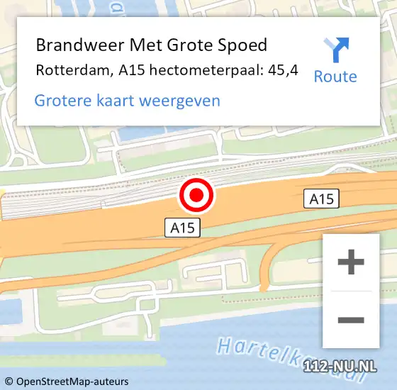 Locatie op kaart van de 112 melding: Brandweer Met Grote Spoed Naar Rotterdam, A15 hectometerpaal: 45,4 op 2 december 2023 08:11