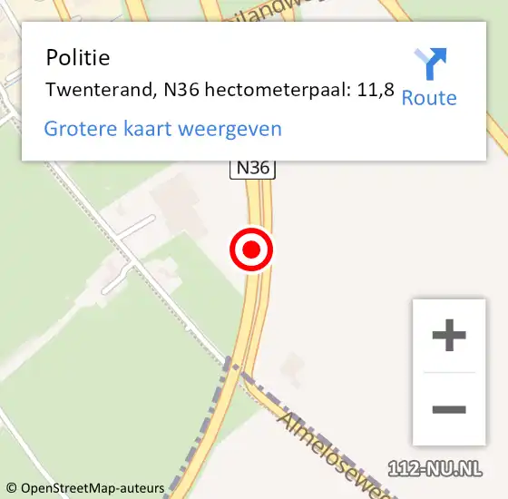 Locatie op kaart van de 112 melding: Politie Twenterand, N36 hectometerpaal: 11,8 op 2 december 2023 09:05