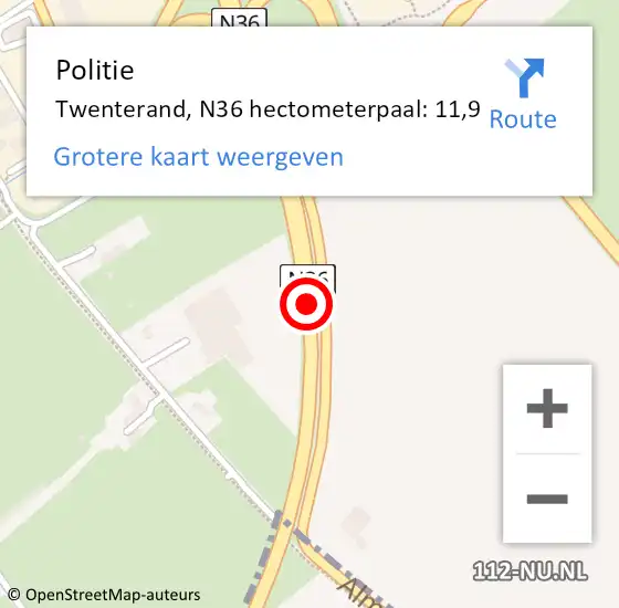 Locatie op kaart van de 112 melding: Politie Twenterand, N36 hectometerpaal: 11,9 op 2 december 2023 09:06