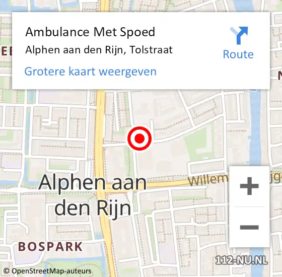 Locatie op kaart van de 112 melding: Ambulance Met Spoed Naar Alphen aan den Rijn, Tolstraat op 2 december 2023 09:43