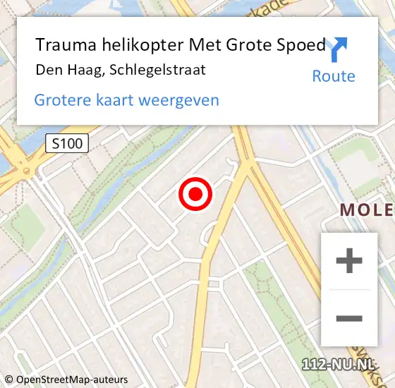 Locatie op kaart van de 112 melding: Trauma helikopter Met Grote Spoed Naar Den Haag, Schlegelstraat op 2 december 2023 10:48