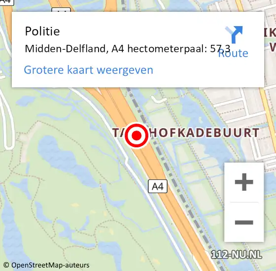 Locatie op kaart van de 112 melding: Politie Midden-Delfland, A4 hectometerpaal: 57,3 op 2 december 2023 12:42