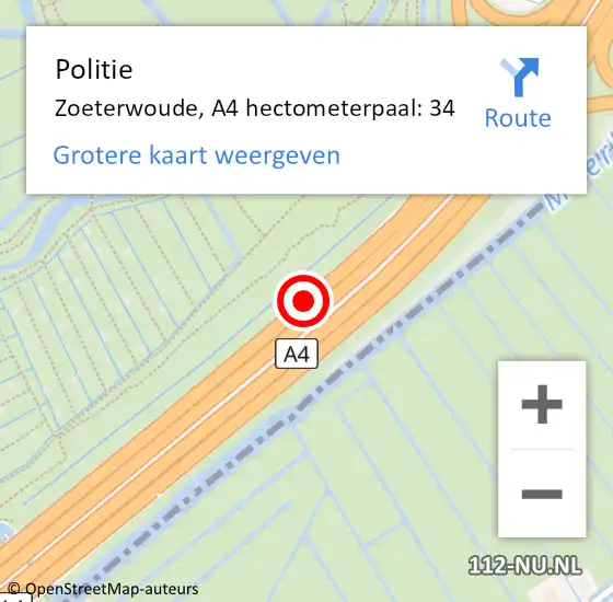 Locatie op kaart van de 112 melding: Politie Zoeterwoude, A4 hectometerpaal: 34 op 2 december 2023 13:36