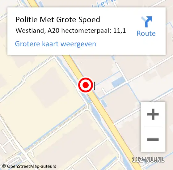 Locatie op kaart van de 112 melding: Politie Met Grote Spoed Naar Westland, A20 hectometerpaal: 11,1 op 2 december 2023 14:16