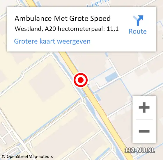 Locatie op kaart van de 112 melding: Ambulance Met Grote Spoed Naar Westland, A20 hectometerpaal: 11,1 op 2 december 2023 14:17