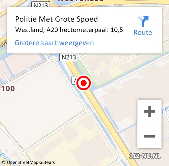 Locatie op kaart van de 112 melding: Politie Met Grote Spoed Naar Westland, A20 hectometerpaal: 10,5 op 2 december 2023 14:22