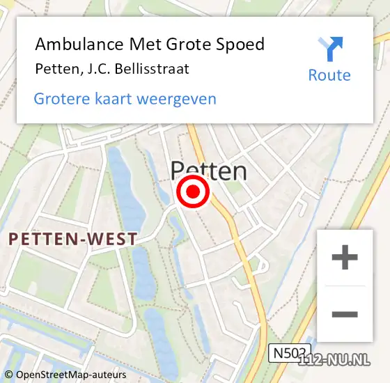 Locatie op kaart van de 112 melding: Ambulance Met Grote Spoed Naar Petten, J.C. Bellisstraat op 2 december 2023 14:57