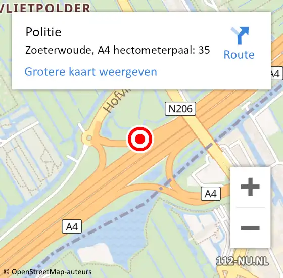 Locatie op kaart van de 112 melding: Politie Zoeterwoude, A4 hectometerpaal: 35 op 2 december 2023 15:52