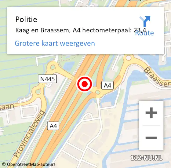 Locatie op kaart van de 112 melding: Politie Kaag en Braassem, A4 hectometerpaal: 23,4 op 2 december 2023 16:06