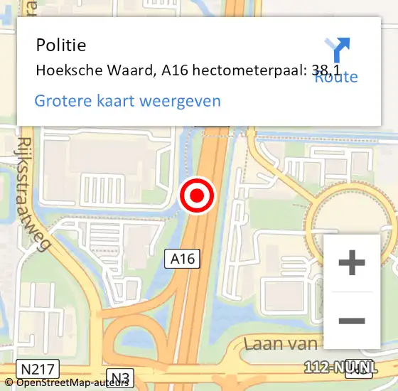 Locatie op kaart van de 112 melding: Politie Hoeksche Waard, A16 hectometerpaal: 38,1 op 2 december 2023 16:55