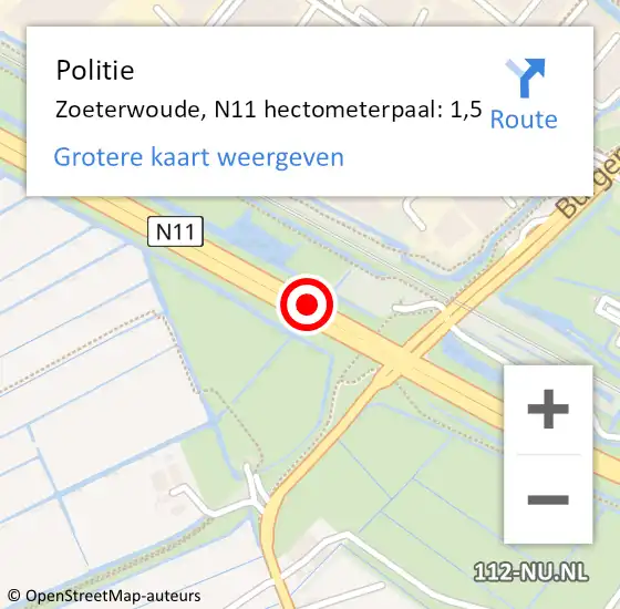 Locatie op kaart van de 112 melding: Politie Zoeterwoude, N11 hectometerpaal: 1,5 op 2 december 2023 18:11