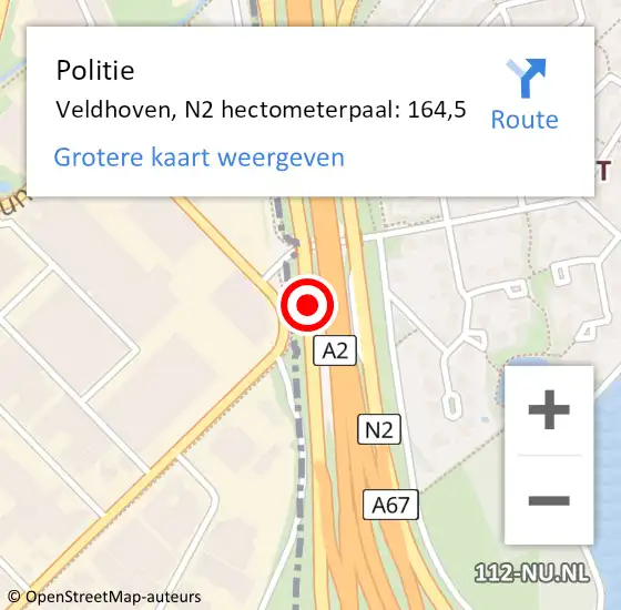 Locatie op kaart van de 112 melding: Politie Veldhoven, N2 hectometerpaal: 164,5 op 2 december 2023 19:34