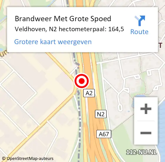 Locatie op kaart van de 112 melding: Brandweer Met Grote Spoed Naar Veldhoven, N2 hectometerpaal: 164,5 op 2 december 2023 19:35