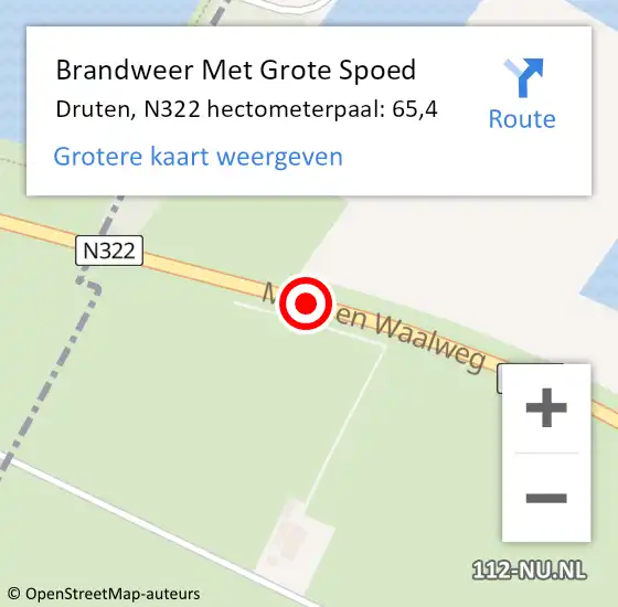 Locatie op kaart van de 112 melding: Brandweer Met Grote Spoed Naar Druten, N322 hectometerpaal: 65,4 op 2 december 2023 22:17