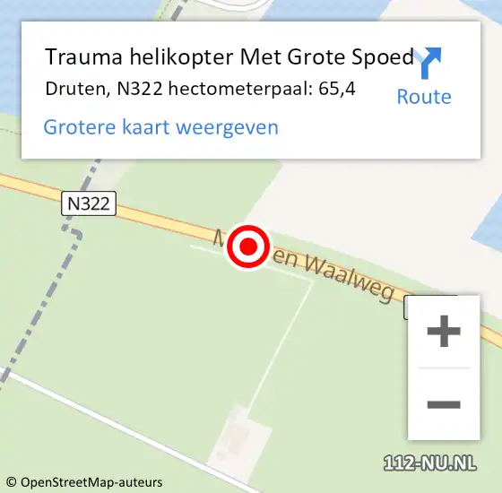 Locatie op kaart van de 112 melding: Trauma helikopter Met Grote Spoed Naar Druten, N322 hectometerpaal: 65,4 op 2 december 2023 22:23