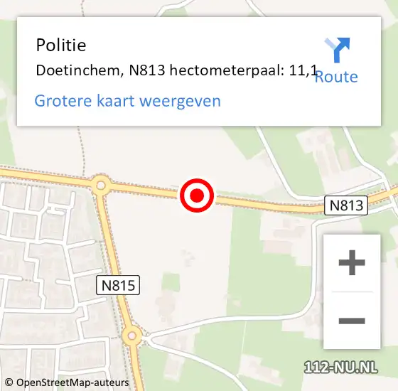 Locatie op kaart van de 112 melding: Politie Doetinchem, N813 hectometerpaal: 11,1 op 2 december 2023 22:46