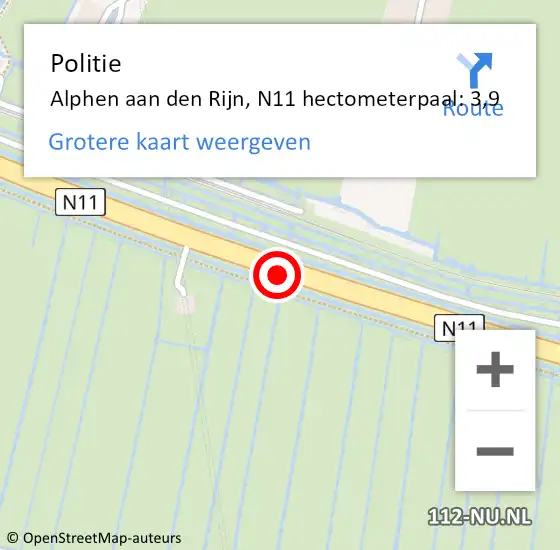 Locatie op kaart van de 112 melding: Politie Alphen aan den Rijn, N11 hectometerpaal: 3,9 op 2 december 2023 23:35