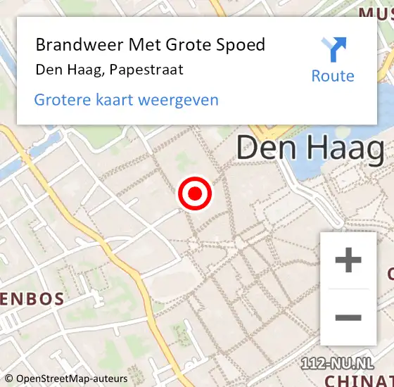 Locatie op kaart van de 112 melding: Brandweer Met Grote Spoed Naar Den Haag, Papestraat op 3 december 2023 03:30