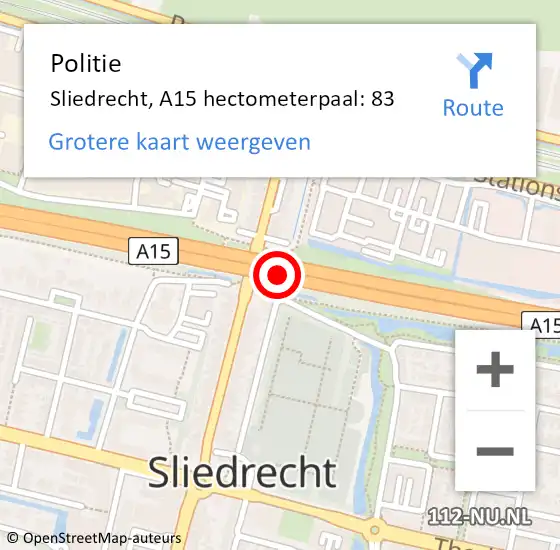 Locatie op kaart van de 112 melding: Politie Sliedrecht, A15 hectometerpaal: 83 op 3 december 2023 06:10