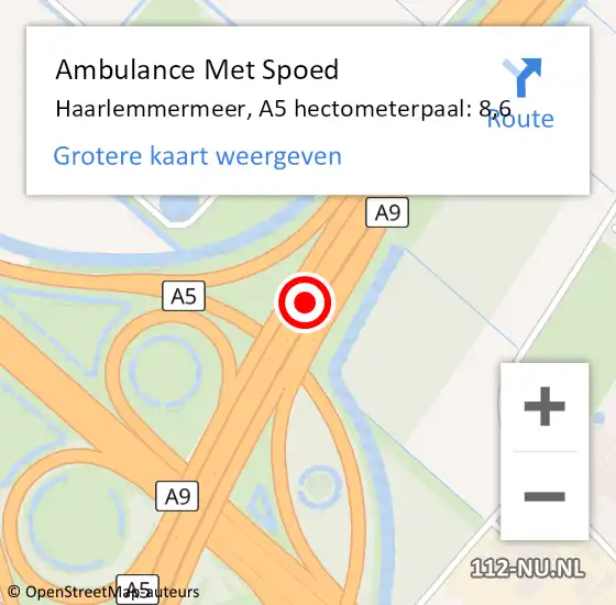 Locatie op kaart van de 112 melding: Ambulance Met Spoed Naar Haarlemmermeer, A5 hectometerpaal: 8,6 op 3 december 2023 06:59