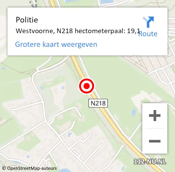 Locatie op kaart van de 112 melding: Politie Westvoorne, N218 hectometerpaal: 19,1 op 3 december 2023 07:40