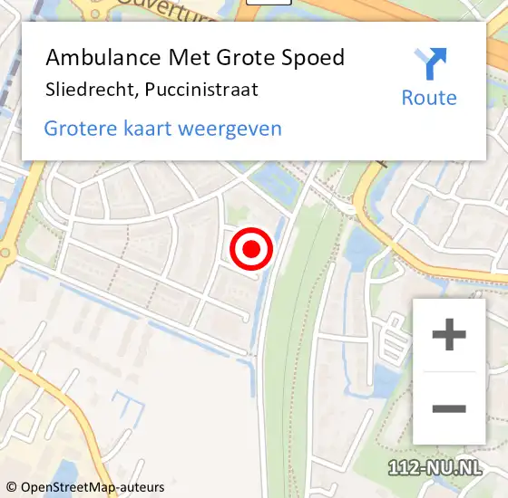 Locatie op kaart van de 112 melding: Ambulance Met Grote Spoed Naar Sliedrecht, Puccinistraat op 3 december 2023 09:11