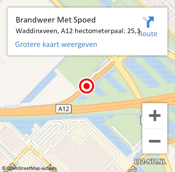 Locatie op kaart van de 112 melding: Brandweer Met Spoed Naar Waddinxveen, A12 hectometerpaal: 25,3 op 3 december 2023 09:53