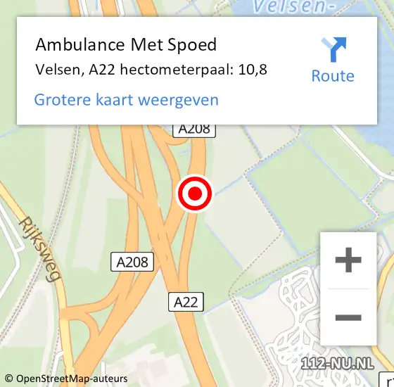 Locatie op kaart van de 112 melding: Ambulance Met Spoed Naar Velsen, A22 hectometerpaal: 10,8 op 3 december 2023 10:10