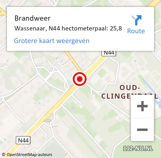 Locatie op kaart van de 112 melding: Brandweer Wassenaar, N44 hectometerpaal: 25,8 op 3 december 2023 13:54