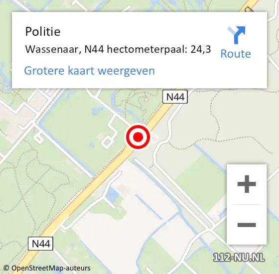 Locatie op kaart van de 112 melding: Politie Wassenaar, N44 hectometerpaal: 24,3 op 3 december 2023 14:10