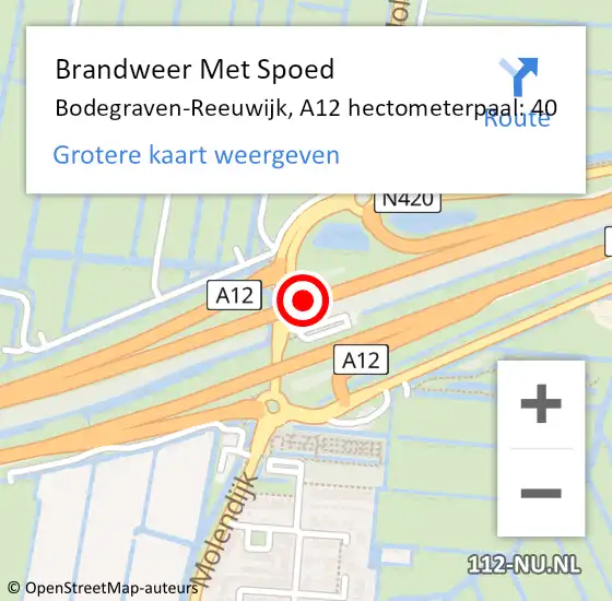 Locatie op kaart van de 112 melding: Brandweer Met Spoed Naar Bodegraven-Reeuwijk, A12 hectometerpaal: 40 op 3 december 2023 14:26