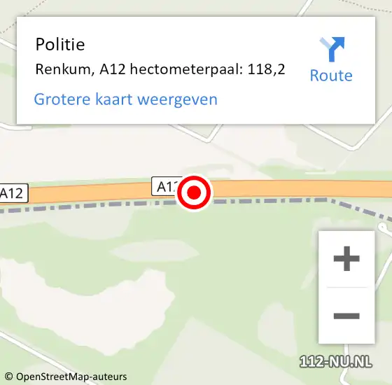 Locatie op kaart van de 112 melding: Politie Renkum, A12 hectometerpaal: 118,2 op 3 december 2023 15:04