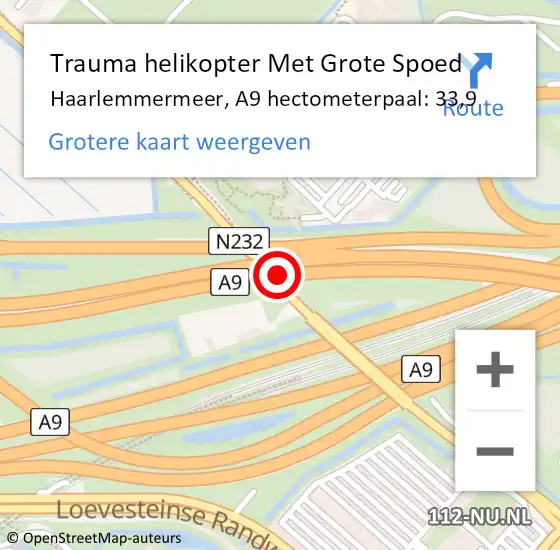 Locatie op kaart van de 112 melding: Trauma helikopter Met Grote Spoed Naar Haarlemmermeer, A9 hectometerpaal: 33,9 op 3 december 2023 15:21